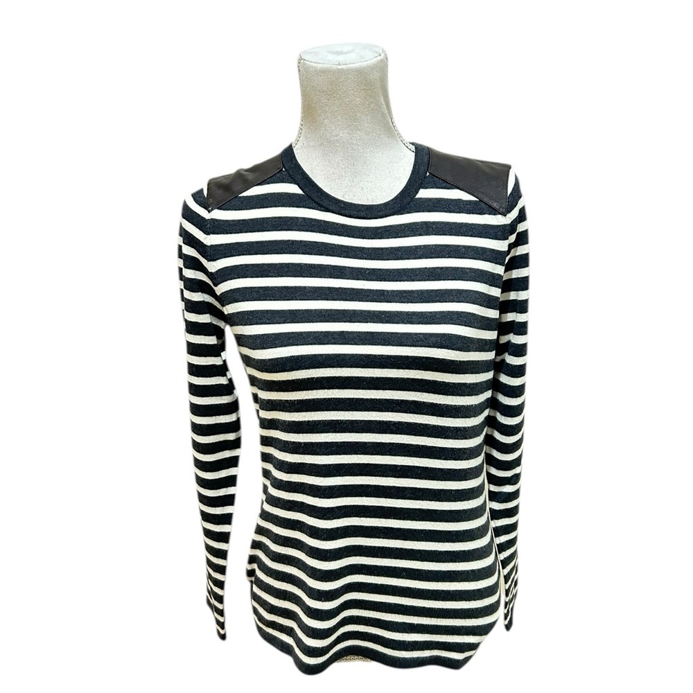 J. McLaughlin gray off White Striped Long Sleeve Top black pleather trim small